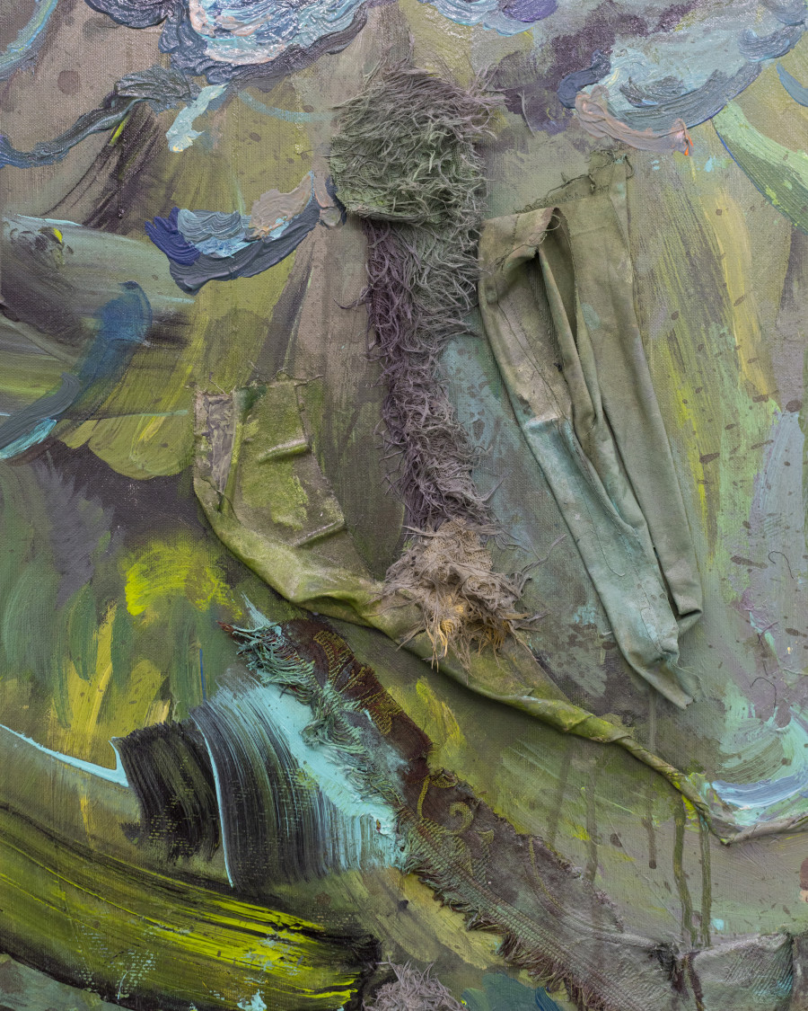 Michele Gabriele, “Study for the Plumage of a Parrot. An Unbothered, Sad, and Cringe Parrot. Indifferent to its Context.” (detail), from the Solo Show “Brambora” at Kaly Gallery, Lucerne, CH, Acrylic and mixed media on canvas, 78 3/4 x 59 in, 200 x 150 cm, 2025. Courtesy of the Artist and Kali Gallery. Photo by Kim da Motta