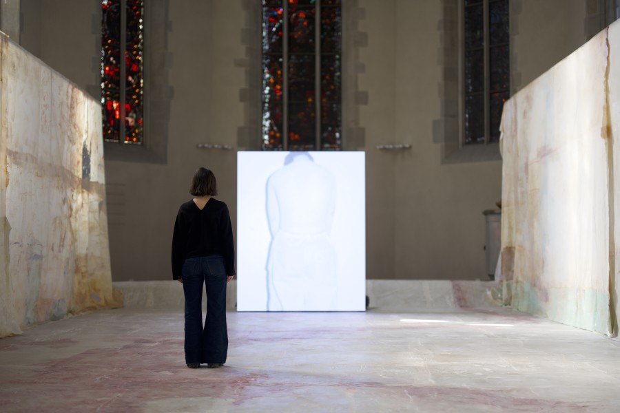 Mandy El-Sayegh ‘Enfleshing’, installation at Wasserkirche, Zürich. Part of the exhibition ‘In Session’, Tichy Ocean Foundation, Zürich, 2023. Photo: Massimo Bello. Courtesy the artist and Tichy Ocean Foundation