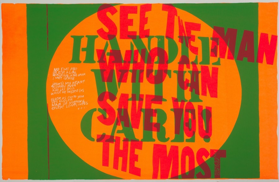 Corita Kent, handle with care, 1967, Silkscreen on paper, 58 x 89 cm. Courtesy of the artist and Galerie Peter Kilchmann, Zurich