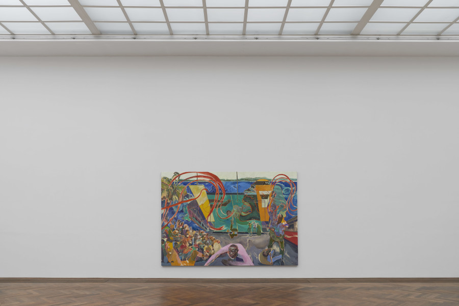 Installation view, Michael Armitage, You, Who Are Still Alive, Kunsthalle Basel, 2022, view on, Curfew (Likoni March 27, 2020), 2022. Photo: Philipp Hänger / Kunsthalle Basel. All works, unless otherwise mentioned, courtesy of the artist and White Cube. Cave, 2021, Courtesy of the artist and Pinault Collection
