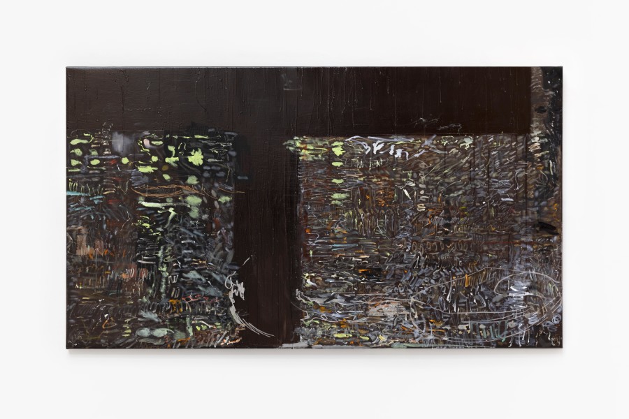 Laura Langer, Discharge Painting 8, 2026, Oil, marker, acrylic and acrylic medium on canvas, 85 × 150 cm. Photo credit: Gina Folly