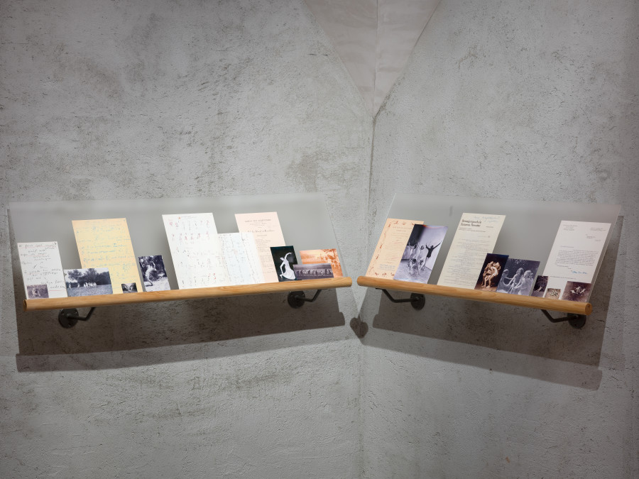 Exhibition view “Suzanne Perrottet. After Dada, After Dance,” Cabaret Voltaire 2025; ballet-barre presentation with facsimiles from Kunsthaus Zürich, the SAPA Foundation, and the Archivio di Stato Bellinzona (Estate Harald Szeemann). Photo: Cedric Mussano. Courtesy: Suzanne Perrottet, Walter Schwabe / Fotostiftung Schweiz, Luise Schwabe / ProLitteris, Niklaus Stauss, Johann Adam Meisenbach, Tarren Johnson & Joel Cocks, Elaine Mitchener, New Kyd, Thibault Lac.