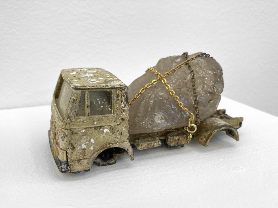 Bernhard Schobinger, Untitled, 2023, Toy truck found underwater, smoky quartz, gold chain, 6 x 13 x 5.5 cm 