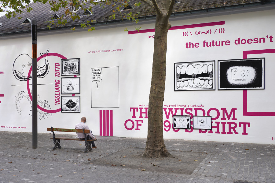 Yoan Mudry, detail view, The Future Doesn’t Need Us, Kunsthalle Basel back wall, 2021. Photo: Philipp Hänger / Kunsthalle Basel