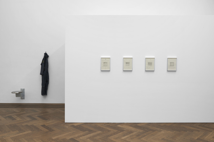 Installation view, INFORMATION (Today), Kunsthalle Basel, 2021, view on Sung Tieu, Loyalty Questionnaire, 2021 (front) and In Cold Print, 2020 (back, detail). Photo: Philipp Hänger / Kunsthalle Basel