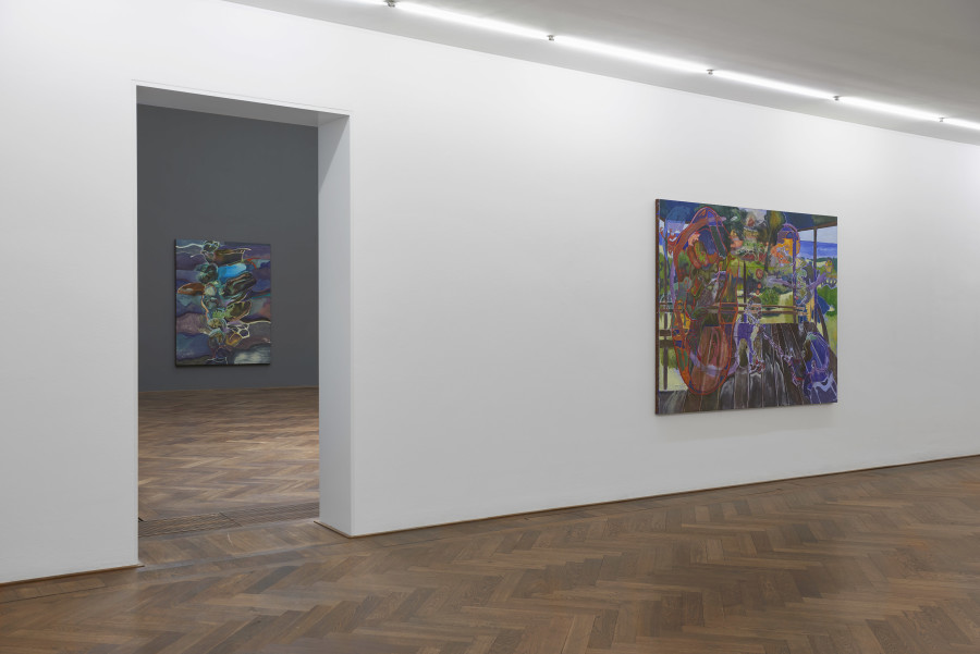 Installation view, Michael Armitage, You, Who Are Still Alive, Kunsthalle Basel, 2022, view (f. l. t. r.) on, Holding Cell, 2021, and, Witness, 2022. Photo: Philipp Hänger / Kunsthalle Basel. All works, unless otherwise mentioned, courtesy of the artist and White Cube. Cave, 2021, Courtesy of the artist and Pinault Collection