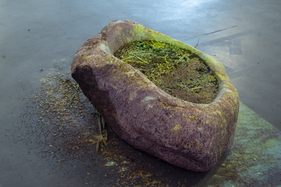 Dineo Seshee Raisibe Bopape, (Ka) pheko ye... [earth to dreamy stick soup] , 2023, Ins- tallation: Single-channel video projection, stone carved, ‹Raisibe dreaming herbal tea›, water. Photo: Studio Stucky, courtesy of the artist und Sfeir-Semler Galerie, Bei- rut/Hamburg.