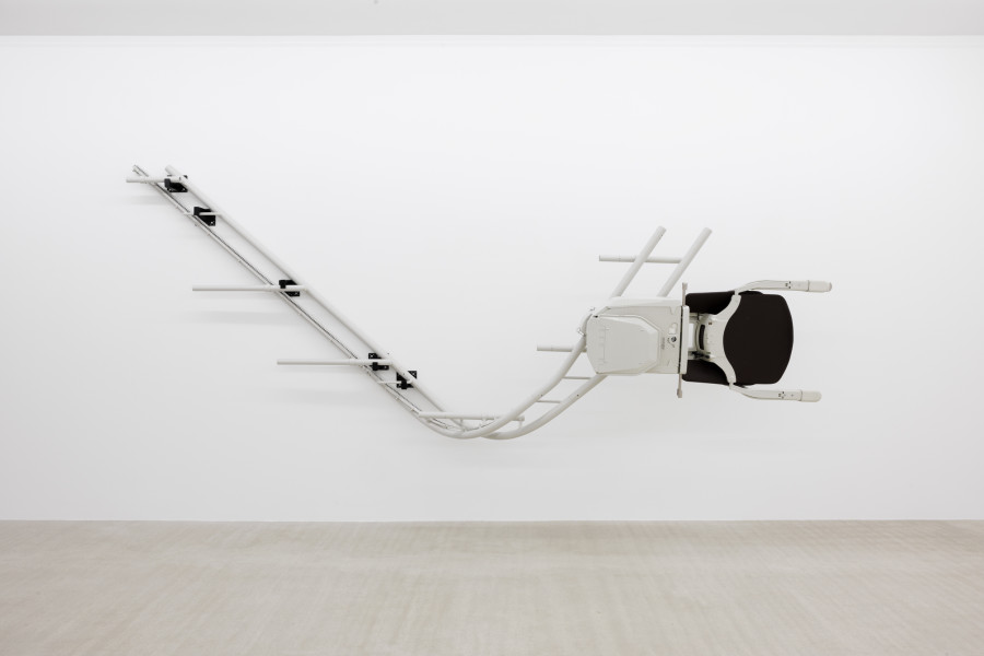 Matthias Sohr, Treppenlift-Skulptur 6, 2024, various materials, 308 x 170 x 85 cm. Photography: Gina Folly / all images copyright and courtesy of the artist and For, Basel