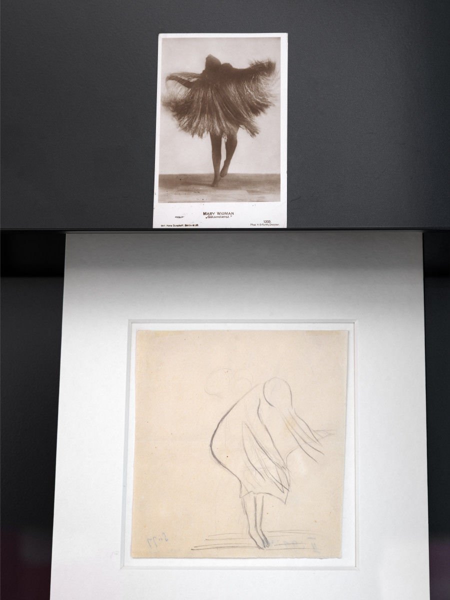 Exhibition view “Suzanne Perrottet. After Dada, After Dance,” Cabaret Voltaire 2025; detailed view of the pre- sentation with originals from the SAPA Foundation (postcard from Mary Wigman to Suzanne Perrottet) and Kunsthaus Zürich (Suzanne Perrottet, Frau, 1914). Photo: Cedric Mussano. Courtesy: Suzanne Perrottet, Walter Schwabe / Fotostiftung Schweiz, Luise Schwabe / ProLitteris, Niklaus Stauss, Johann Adam Meisenbach, Tarren Johnson & Joel Cocks, Elaine Mitchener, New Kyd, Thibault Lac.