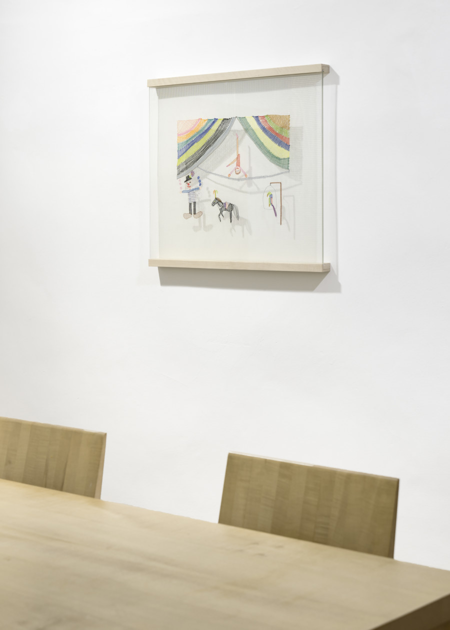 Bethan Huws, Circus, 2023, Embroidery (Bobbin lace) mounted between museum glass, wood frame, Embroidery ca. 59 Ht x 71 cm / Frame 63 Ht x 71cm. Photo: Ralph Feiner, Courtesy of the artists and Galerie Tschudi