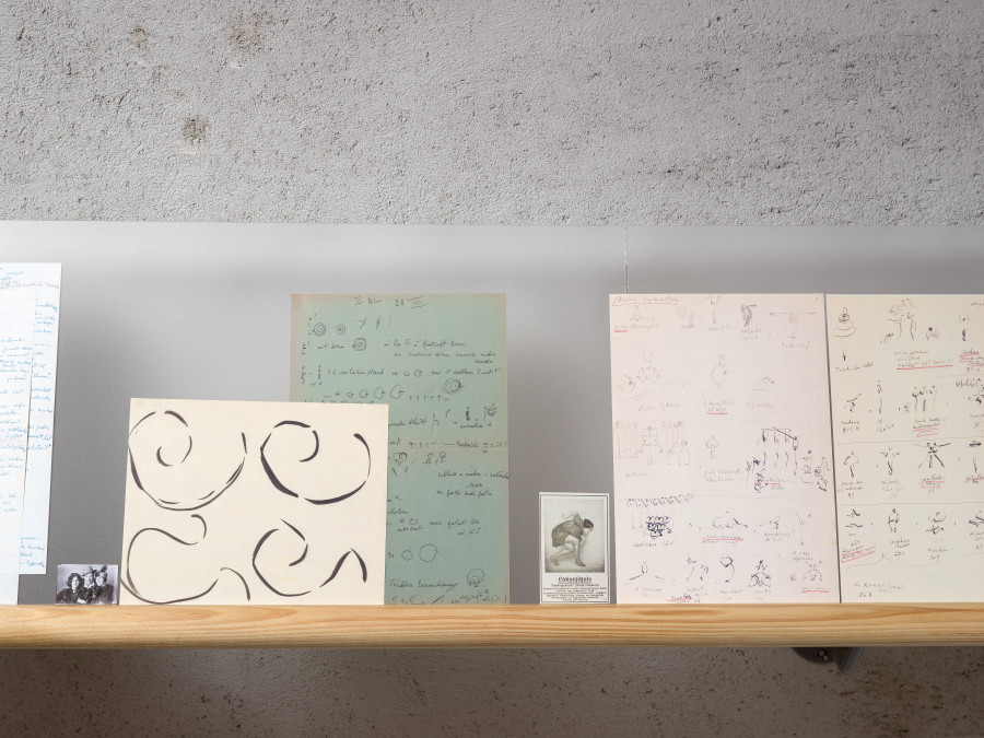 Exhibition view “Suzanne Perrottet. After Dada, After Dance,” Cabaret Voltaire 2025; ballet-barre presentation with facsimiles from Kunsthaus Zürich and the SAPA Foundation. Photo: Cedric Mussano. Courtesy: Suzanne Perrottet, Walter Schwabe / Fotostiftung Schweiz, Luise Schwabe / ProLitteris, Niklaus Stauss, Johann Adam Meisenbach, Tarren Johnson & Joel Cocks, Elaine Mitchener, New Kyd, Thibault Lac.