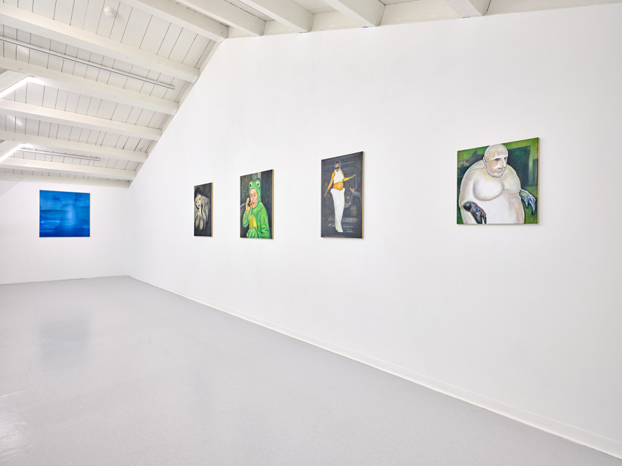 Almost tender, Exhibition view, 2026, Ferme de la Chapelle. © Photo by Nicolas Delaroche Studio. From left to right: Soggy, 2026, oil on canvas, 100 x 90 cm, Mother, 2026, oil on canvas, 80 x 60 cm, The Frog, 2026, oil on canvas, 80 x 70 cm, Shine bright, 2026, oil on canvas, 75 x 50 cm, The Penguin, 2026, oil on canvas, 50 x 47 cm
