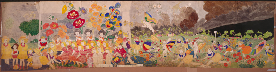 Henry Darger, Storm brewing. This is not strawberry the little girl is carrying Between 1930 and 1972, tracing, watercolour and collage on paper, 77 x 317 cm Photo : AN – Collection de l’Art Brut, Lausanne, © Kiyoko Lerner/ 2020, Prolitteris, Zurich