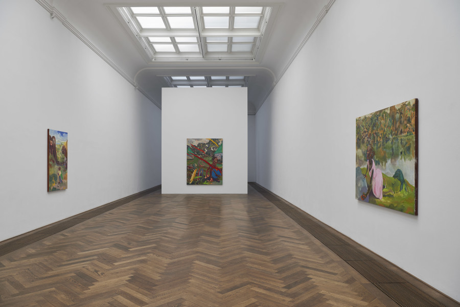 Installation view, Michael Armitage, You, Who Are Still Alive, Kunsthalle Basel, 2022, view (f. l. t. r.) on, Personal Thoughts (Asshole), 2021; The Perfect Nine, 2022; Warigia, 2022. Photo: Philipp Hänger / Kunsthalle Basel. All works, unless otherwise mentioned, courtesy of the artist and White Cube. Cave, 2021, Courtesy of the artist and Pinault Collection