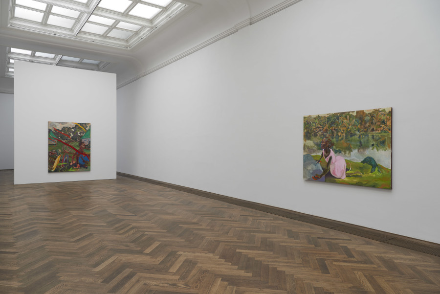 Installation view, Michael Armitage, You, Who Are Still Alive, Kunsthalle Basel, 2022, view (f. l. t. r.) on, The Perfect Nine, 2022, and, Warigia, 2022. Photo: Philipp Hänger / Kunsthalle Basel. All works, unless otherwise mentioned, courtesy of the artist and White Cube. Cave, 2021, Courtesy of the artist and Pinault Collection