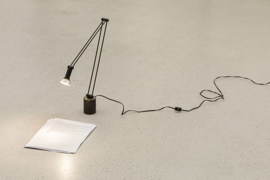 Gilles Jacot, Family portrait, 2025, digital print on A4 paper, reading lamp, 65 x 40 x 30cm