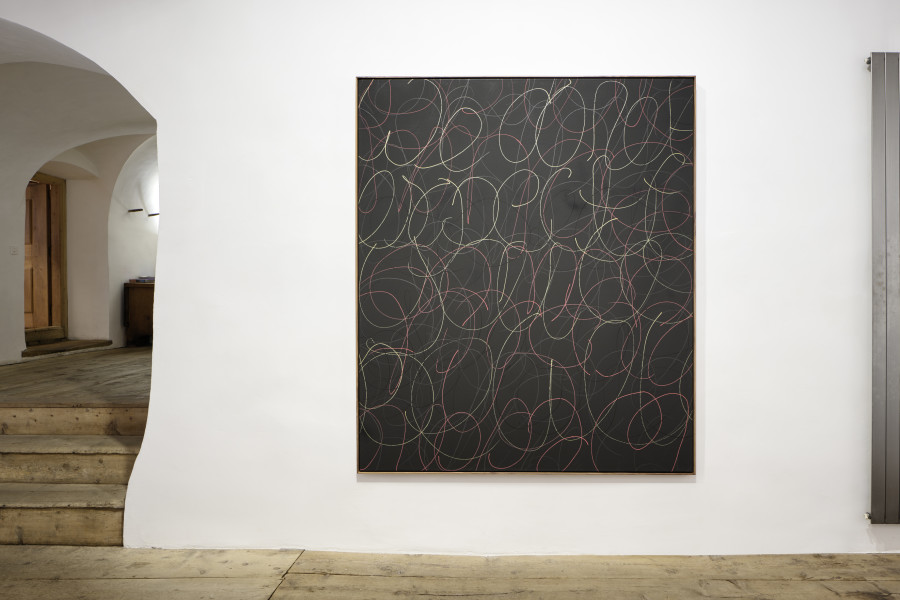 donna Kukama, we do not not expect you to believe in us, 2020, black acrylic, faithlessness, graphite, solid truth, liquid, chalk on canvas, 203 x 173 x 6.5 cm. Photo: Ralph Feier, Courtesy of the artist and Galerie Tschudi