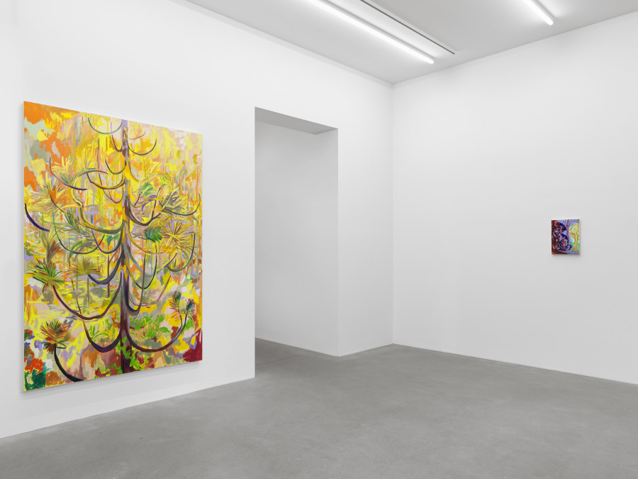 Installation view, Shara Hughes, Tree Farm, Galerie Eva Presenhuber, Waldmannstrasse, Zurich, 2024. © Shara Hughes. Courtesy the artist and Galerie Eva Presenhuber, Zurich / Vienna. Photo: Stefan Altenburger Photography, Zürich