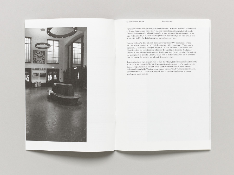 T. Freakson Calame, SCATOFICTION, Before publication 13, brochure, 32 pages, single booklet, 17,2 × 23,5 cm, offset, stapled binding, 250 copies. Graphic design: Niels Wehrspann, Lausanne. Edition of the Centre d’édition contemporaine, Geneva, 2025. Courtesy Centre d’édition contemporaine, Geneva. Photo : © Sandra Pointet