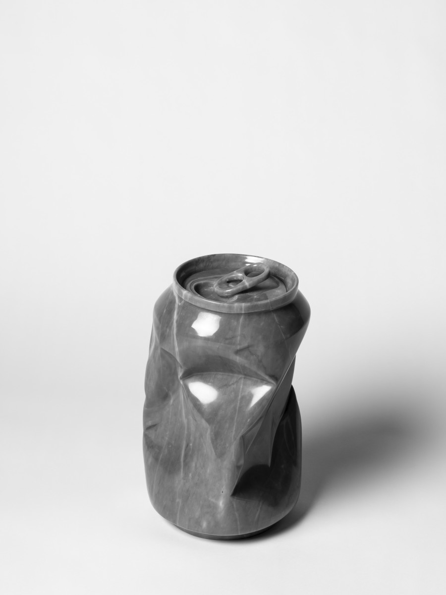 Claudia Comte, The Marble Can (Camila), 2020. Grey Bardiglio marble, 34.3 x 21.2 x 20 cm