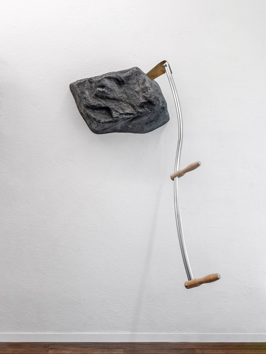 Adam Cruces, Scythe in the Stone (Gold), 2024, Scythe, acrylic, fiberglass, 120 x 85 x 108 cm. Photo copyright: Flavio Karrer. Courtesy: Adam Cruces and Blue Velvet, Zürich