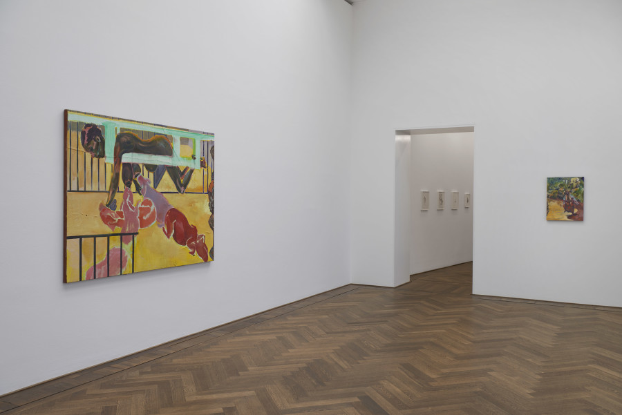 Installation view, Michael Armitage, You, Who Are Still Alive, Kunsthalle Basel, 2022, view (f. l. t. r.) on, Mother’s Milk, 2022, and, Homecoming, 2021. Photo: Philipp Hänger / Kunsthalle Basel. All works, unless otherwise mentioned, courtesy of the artist and White Cube. Cave, 2021, Courtesy of the artist and Pinault Collection