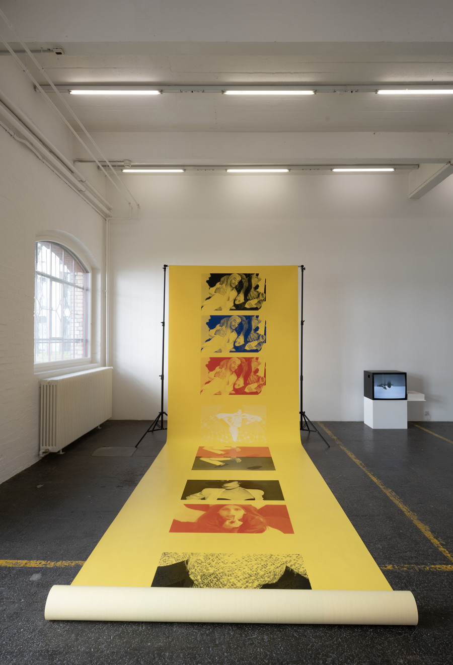 Alexandra Bachzetsis, Wall Piece, 2021; This Side Up, 2007. Photo: Kunst Halle Sankt Gallen, E. Sommer. Courtesy: the artist. Courtesy: Experimenter, Karma International, kurimanzutto, Meyer Riegger.