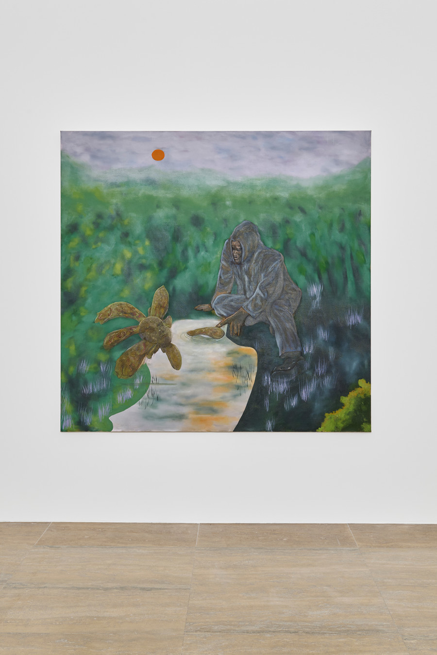 Yann Stéphane Bisso, Orange Moon, oil on linen, 180 × 185 × 4 cm, 2025. Halle Nord, 2025. Photo credit: Thomas Maisonnasse