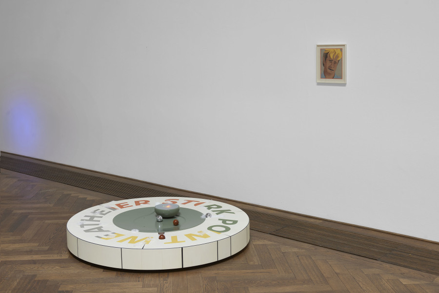 Camille Blatrix, installation view, Standby Mice Station, Kunsthalle Basel, 2020, view on Weather Stork Point, 2020 (left) and Dawson Crying (Winter), 2020 (right). Photo: Philipp Hänger / Kunsthalle Basel. Courtesy of the artist; Galerie Balice Hertling, Paris, and Andrew Kreps Gallery, New York