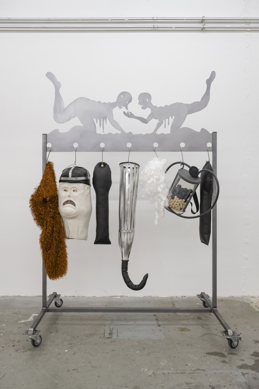 Nicola Genovese, Something that scratches your skin, metal, papier-mache, fake leather, copper, wig, fabric, plastic, 2023.