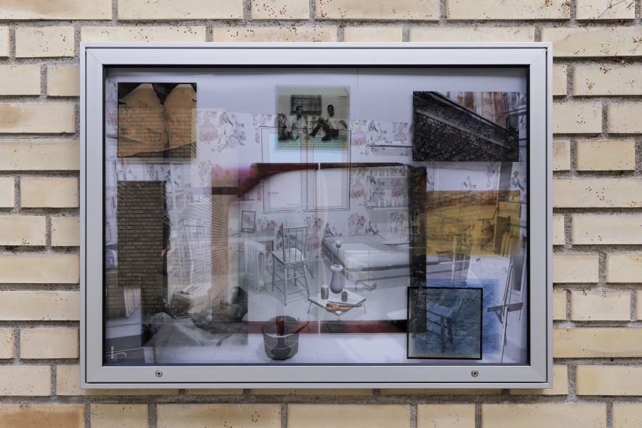 Nolan Lucidi, Bildersaal, Installation view Kunsthaus Glarus. Photo: Gina Folly, Kunsthaus Glarus 2026. Literary Architecture: Loèche-les-Bains (the light from the window lay across his chest, and I could not look away), 2026 Vitrine, Tintenstrahldruck auf Papier und Kunst- stofffolie, Scan einer Seite von “Giovanni’s Room” des Autors James Baldwin, digitale Kopie eines Aquarells von Lucien Happersberger (Les Vignes Fully, 1984) und weiteres Archivmaterial 92 × 67 × 3 cm. Courtesy the artist.