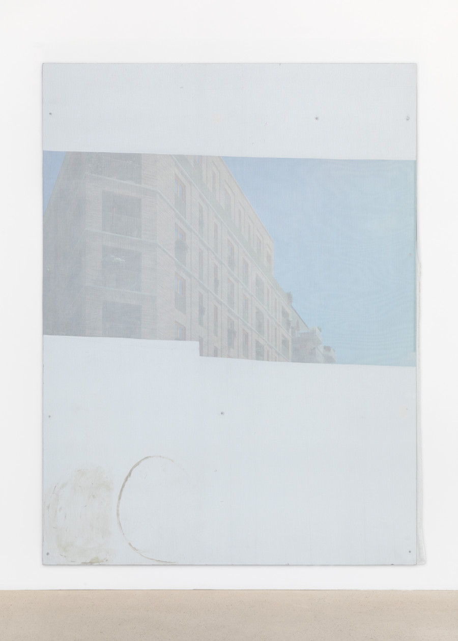 Gilles Jacot, it’s always summer and the sky is blue, 2025, alu dibond advertising boad, fabric, industrial paint, 200 x 150 x 0.5cm