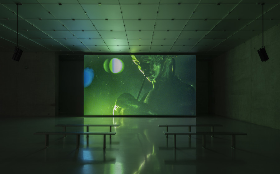 Cyprien Gaillard, When you expect flutes, it’s whistles, Exhibition view third floor Kunsthaus Bregenz, 2026, DETERRENT, 2026. Photo: Timo Ohler. © Cyprien Gaillard, Kunsthaus Bregenz. Courtesy of the artist, Kunsthaus Bregenz, Fondazione Prada