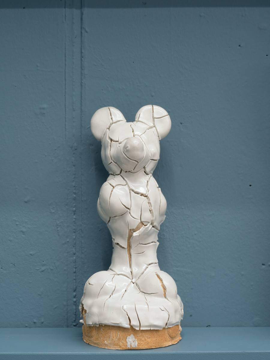 Christian Gonzenbach, Mickey Mouse, 2021, earthenware coated stoneware, 26 x 12 x 12 cm, Galerie Heinzer Reszler, 2021-2022. Courtesy of the artist and Heinzer Reszler gallery.