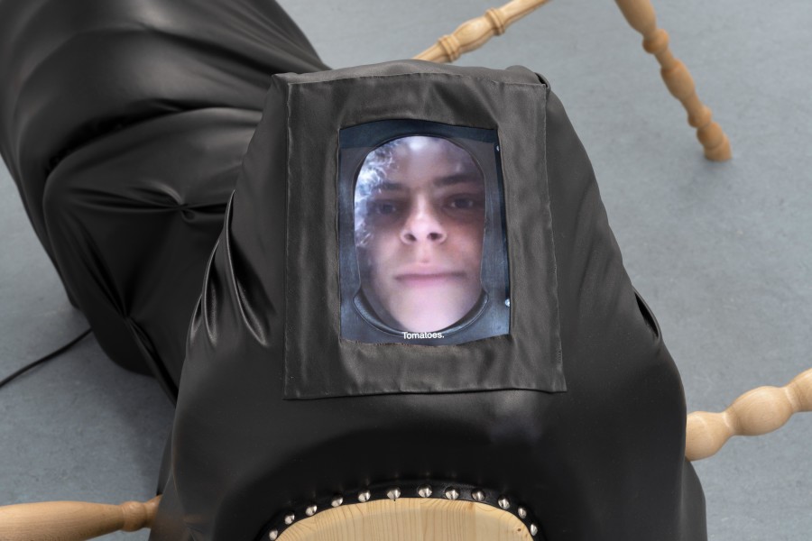 Collectif Je t’aime, If the collective was a tattoo, how many laser sessions would it take to erase it? (detail), 2025, Turned wood, faux leather, and 2-channel video, 82 × 160 × 200 cm, 15:31’, 09:15’ Video credits: Lester Kielstein. Photo credits: marytwo