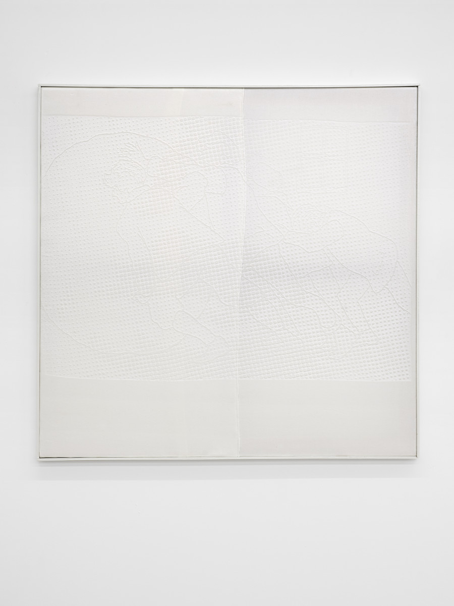 Cédric Eisenring, Fäustling (weiss), Woodcut embossing on textile, wooden stretcher, wooden frame, 100 × 102 cm, 2024 / Photo: Cedric Mussano / Courtesy: The artist and Kirchgasse Gallery, Steckborn