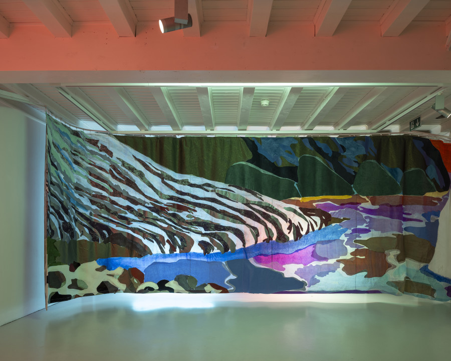 Jessica Decorvet, Paysage impossible, Exhibition view, 2026, Ferme de la Chapelle. © Photo by Dylan Perrenoud. Paysage impossible, 2026, fabrics glued onto printed spinnaker cloth.