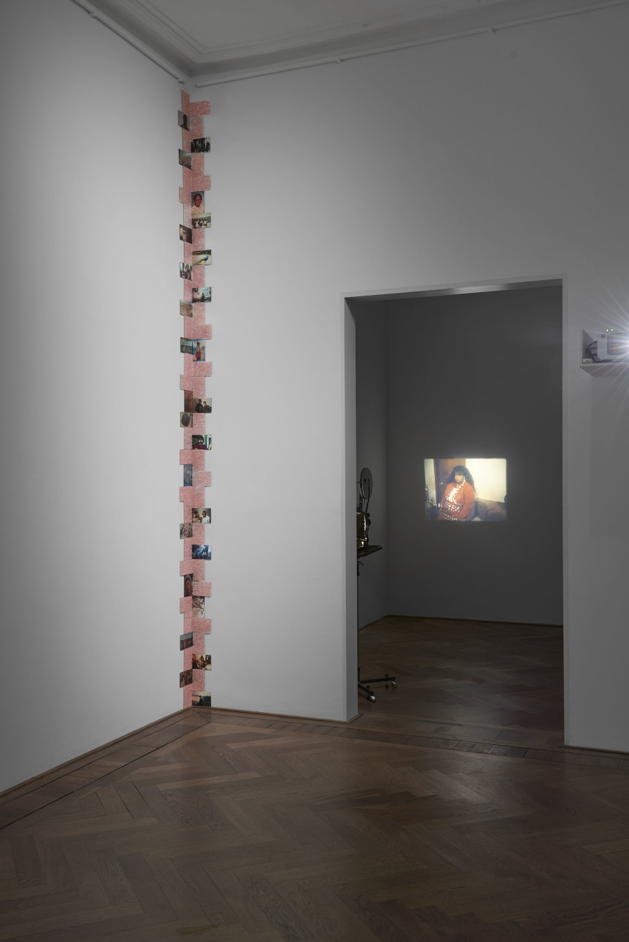 Deana Lawson, installation view, Centropy, Kunsthalle Basel, 2020, detail of Crystal Assemblage (working title), 2020 (left) and view on Fragment (Jacqueline and Taneisha) (working title), 2020 (right). Photo: Philipp Hänger / Kunsthalle Basel