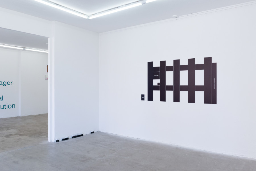 Exhibition view, Moniker, HAMLET, Zürich, 2025. From left to right: Sam Cottington, Phone Play, 2024 ; Gaia Del Santo, black essie series, 2024 - ongoing 48 Essie nail polishes with individual titles (difference, repetition; high fashion, post-fordism, ego death, style, object; contempo-casual, chance, desire, subject-centered inquiry, eye, vanish into you, perfect celebrity, snapchat surgery, copyright, archetype; matcha shortage, flat lay, romanticism); Noah Merzbacher, fence, 2025, UV flatdbed print on dibond
