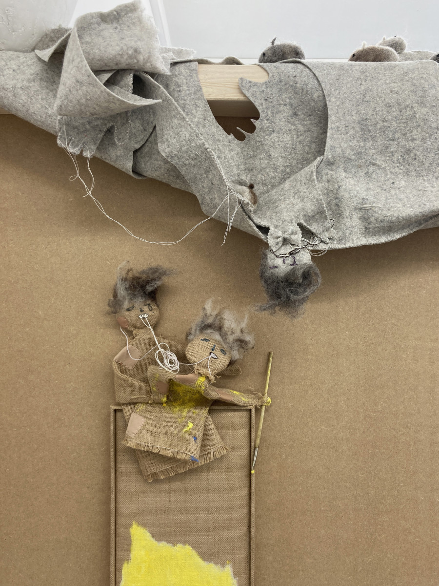 Min Yoon, The Creator (detail), 2024, Wool felt, styrofoam, mineral polymer, steel, fabric, polyester filling, 100 x 150 x 45 cm, Min Yoon, Break + ing Time (front (proposal)) (detail), 2024, Watermixable oil on burlap, thread, polyester, wool felt, wire, hotpatch, magnets, brush, artist’s frame, 202 x 36.5 x 14 cm. Photo: Galerie Francesca Pia