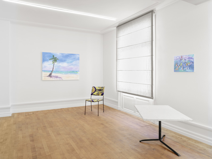 Installation view, Joe Bradley, Austin Eddy, Karen Kilimnik, Ugo Rondinone, Josh Smith, Franz West, Galerie Eva Presenhuber, Troisième Étage, Waldmannstrasse, Zurich, 2025. © the artists. Courtesy the artists and Galerie Eva Presenhuber, Zurich / Vienna. Photo: Stefan Altenburger Photography, Zürich