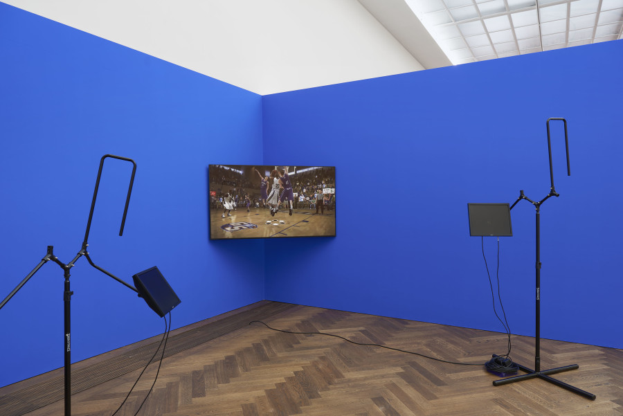 Installation view, INFORMATION (Today), Kunsthalle Basel, 2021, view on Sondra Perry, IT’S IN THE GAME ‘18 or Mirror Gag for Projection and Three Universal Shot Trainers with Nasal Cavity, Pelvis, and Orbit, 2018. Photo: Philipp Hänger / Kunsthalle Basel