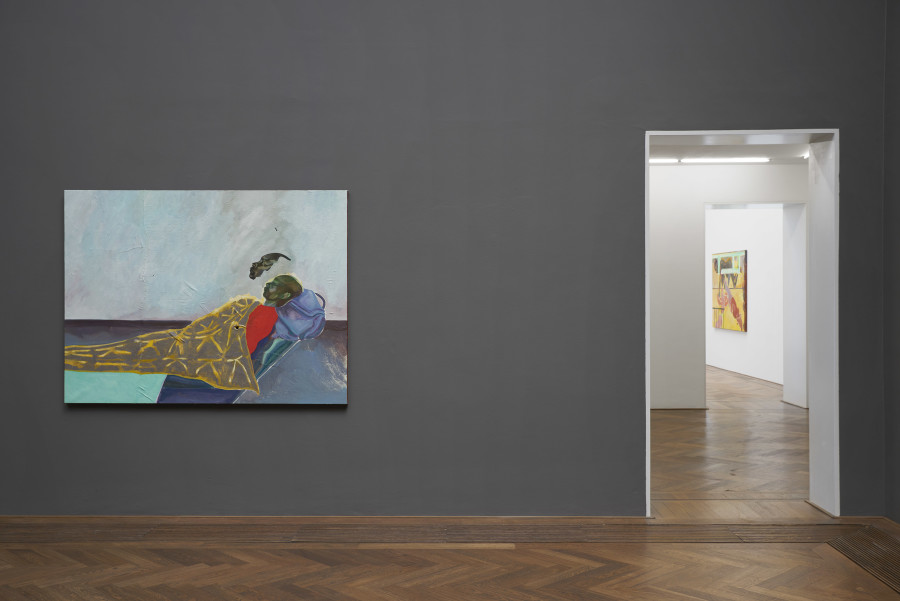 Installation view, Michael Armitage, You, Who Are Still Alive, Kunsthalle Basel, 2022, view on, You, Who Are Still Alive, 2022. Photo: Philipp Hänger / Kunsthalle Basel. All works, unless otherwise mentioned, courtesy of the artist and White Cube. Cave, 2021, Courtesy of the artist and Pinault Collection
