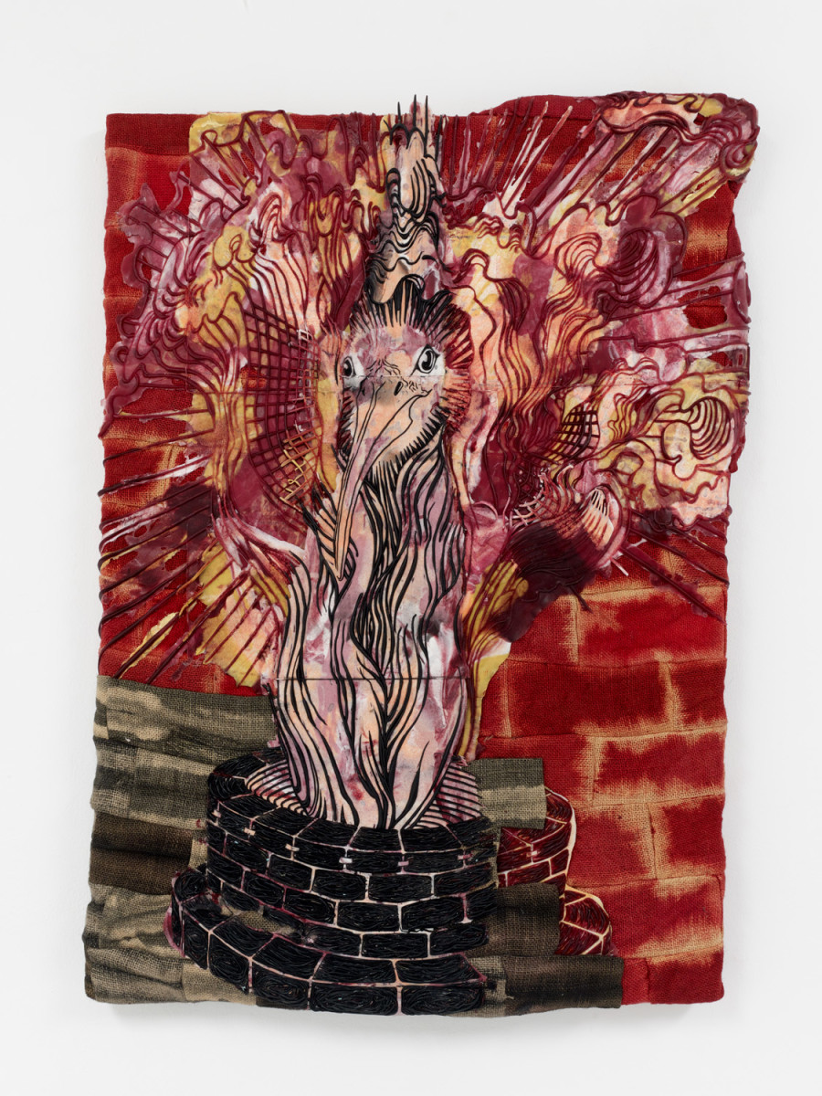 Under the Spell of Law, 2022, cast silicone on dyed jute, pigment, aluminum stretcher, 90 × 62 × 6 cm