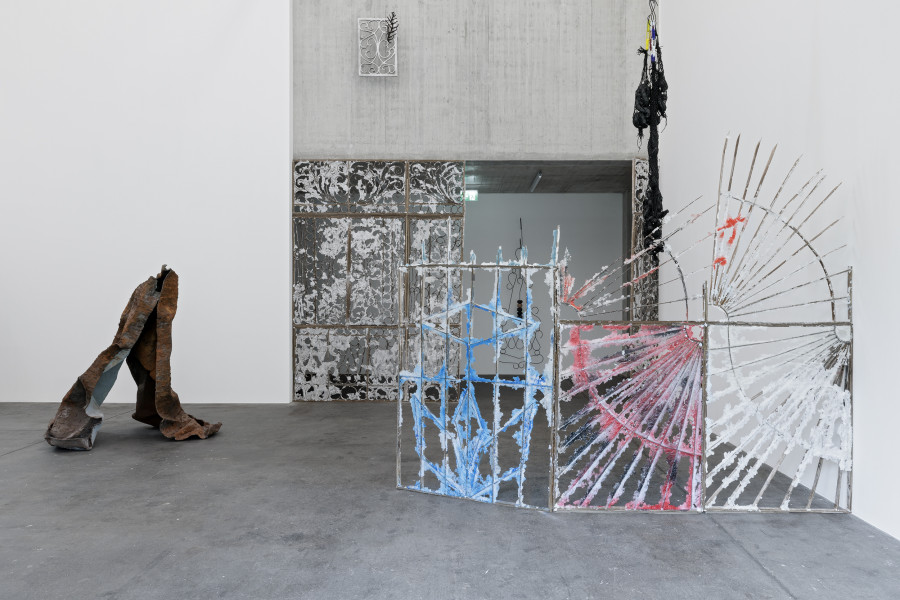 Sofía Salazar Rosales, What does the city hide in a hug?, 2023; Displacements sprouting from the walls, 2026; Gesture: drawings of fear, sensuality, and walls, 2026; They ask to stay, 2026. Courtesy of the artist and ChertLüdde, Berlin. Ausstellungsansicht / Installation view Kunsthaus Baselland 2026. Foto / Photo: Gina Folly © Kunsthaus Baselland