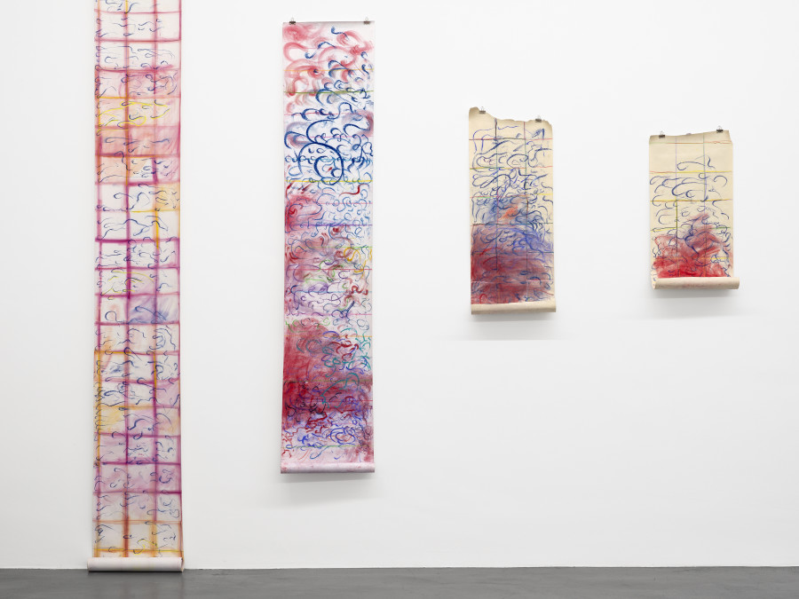 Jacqueline Mesmaeker, Couloir, 2021, Dry pastels and colored pencil on Japanese papers, 846 x 37.5 cm; 266 x 50 cm; 126 x 45 cm; 96 x 45 cm