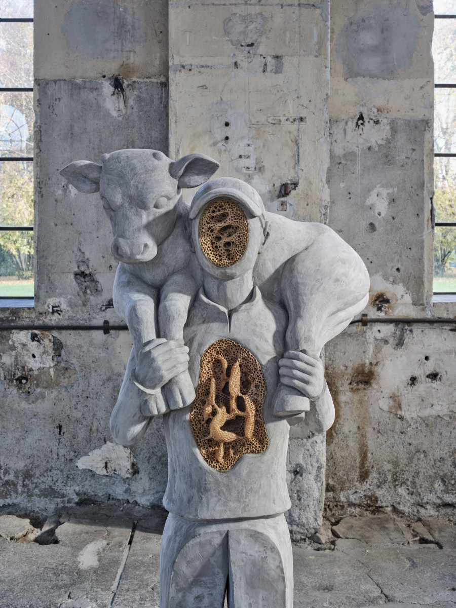 Anna Hulačová, 'Calf Bearer' (2025), installation view 'Bucolica', Kunstraum Dornbirn, 2025, Photo Günter Richard Wett, © Anna Hulačová, courtesy of the artist and hunt kastner, Prague.