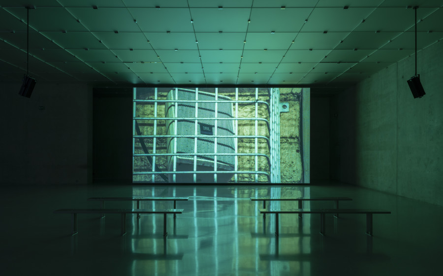 Cyprien Gaillard, When you expect flutes, it’s whistles, Exhibition view third floor Kunsthaus Bregenz, 2026, DETERRENT, 2026. Photo: Timo Ohler. © Cyprien Gaillard, Kunsthaus Bregenz. Courtesy of the artist, Kunsthaus Bregenz, Fondazione Prada
