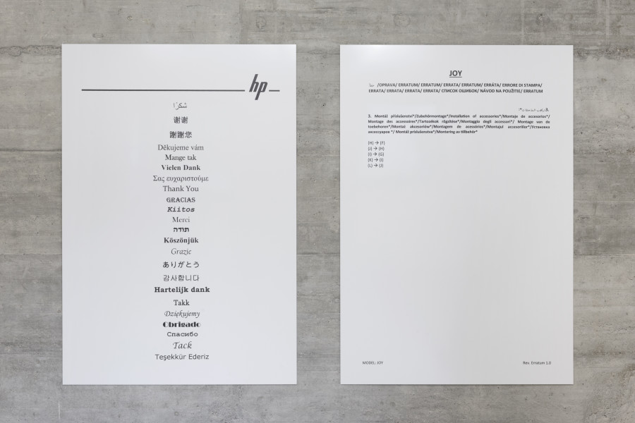 Left: JOY, 2023, installation instructions for accessories of a buggy, UV print on aluminum, 170 x 116.5 cm right: Thank you, 2017/23 HP self test page for printing, UV print on aluminum, 170 x 116.5 cm. Photography: Gina Folly / all images copyright and courtesy of the artist and For