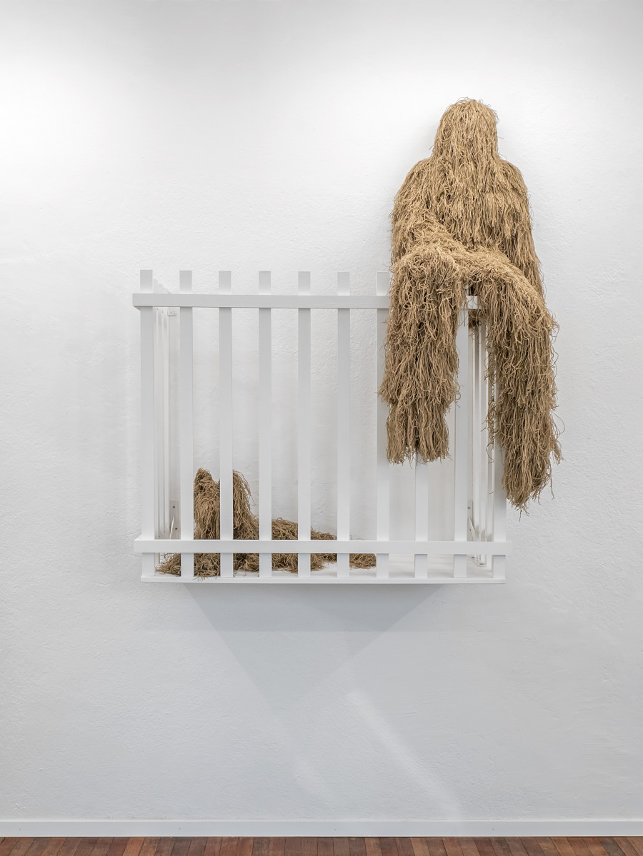 Adam Cruces, Balcony, 2024, Acrylic, polyurethane, ghillie suits, wood, 170 x 139 x 70 cm. Photo copyright: Flavio Karrer. Courtesy: Adam Cruces and Blue Velvet, Zürich